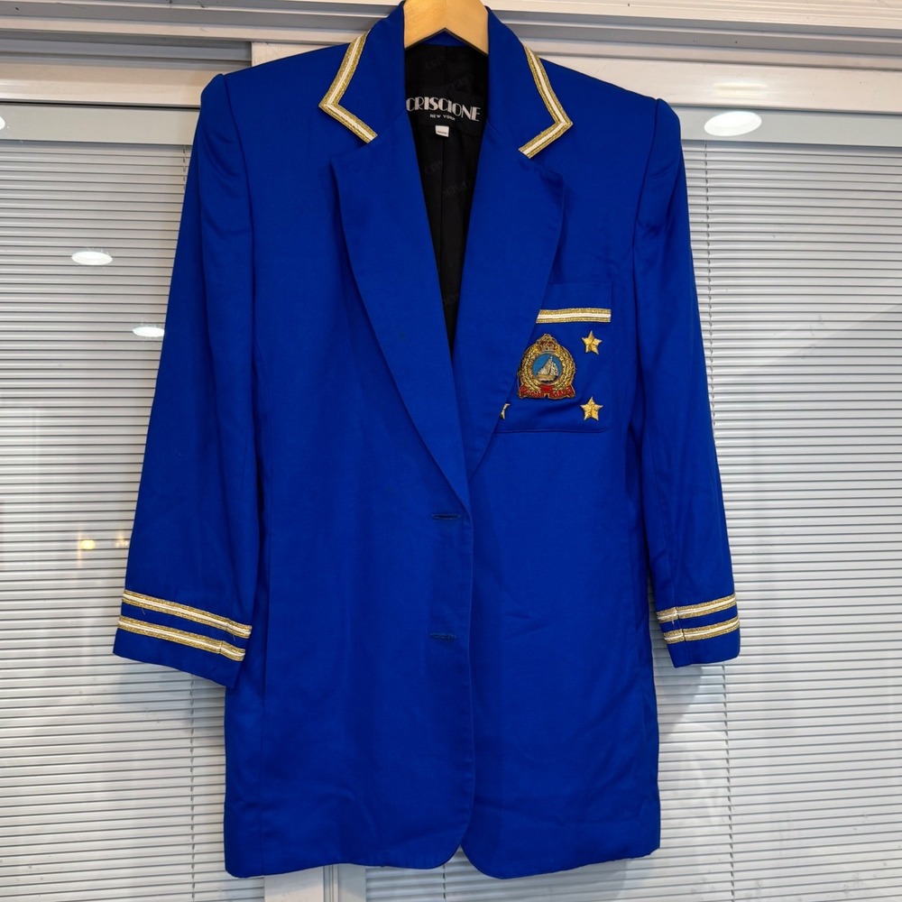 Vintage Criscione New York Royal Blue Nautical Crest Blazer Petite Rayon USA Y2K